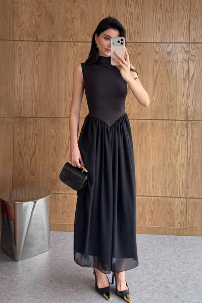 SHILSEE BEUTİQUE Women's High Neck Lined Long Tulle Dress Black