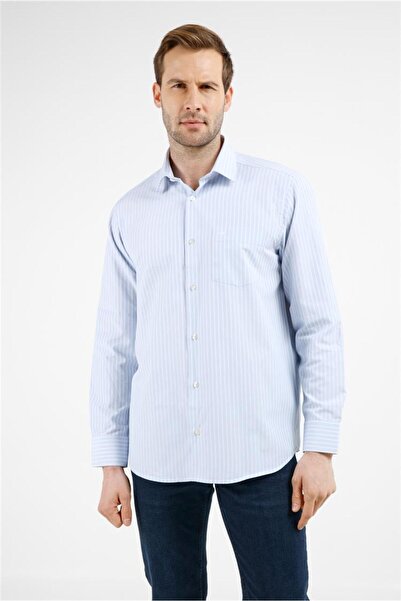 İmza Blue - White Striped Pattern Hard Collar Long Sleeve Pocket Comfort Fit ...