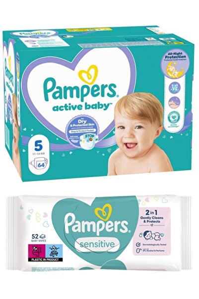 Pampers ACTIVE BABY GP 5 11-16KG (64 PCS) + WET WIPES SENSITIVE PROTECT (52 PCS)