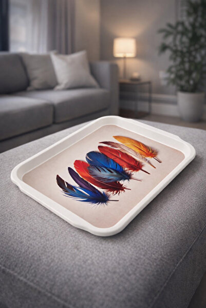 Blackstar Renkli Kuş Tüyü Desenli Orta Boy Servis Tepsisi