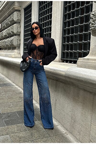 Ağgez Blugi de damă cu picior larg, cu aplicații tip pietre