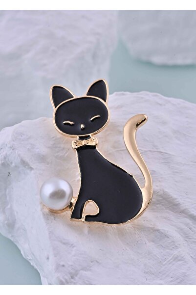 LUNİN Siyah Kedi Figürlü İnci Detaylı Broş