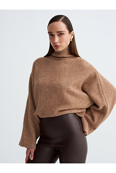 Dilvin 10817 Wool Blend Bat Sleeve Sweater-Beige Mel.