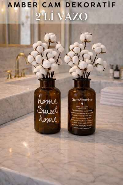 Penthouse 2 adet Amber Cam Dekoratif Vazo Scandinavian Ve Home Sweet Home+Pam...