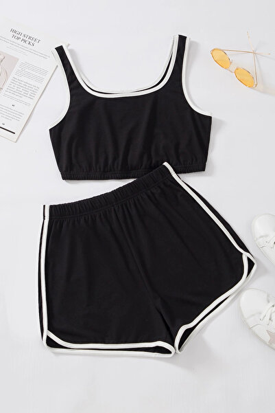 mtm My The Mall Clothing Women's Black Strappy Crop Top and Shorts Nightgown Set