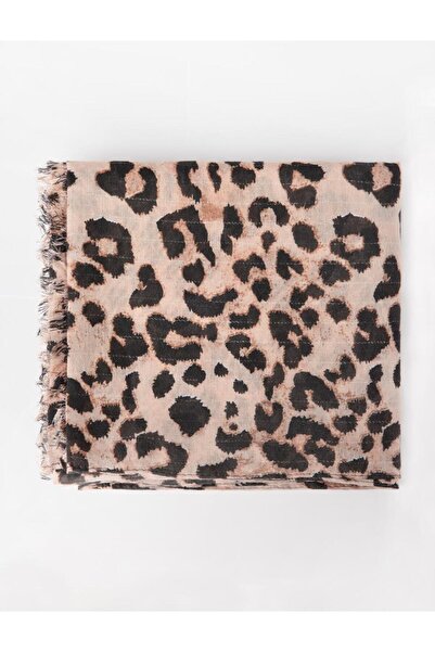 Jimmy Key Ekru Leopar Desenli Püsküllü Dokuma Şal