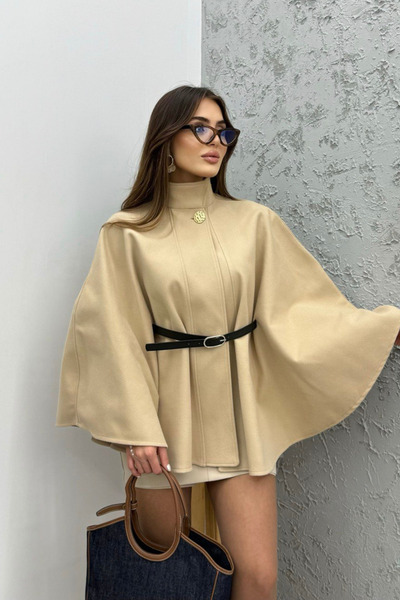 oshebu Premium Gold Buttoned Belted Cashmere Cape Poncho