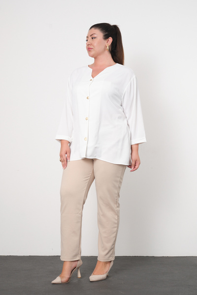 PERA MODA Plus Size Gold Buttoned V-Neck Stylish Women's Shirt