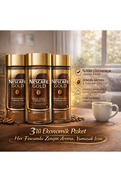 Nescafe Gold 3 Adet x 100 g Çözünebilir Kahve – Zengin Aroma, Yumuşak İçim, C...
