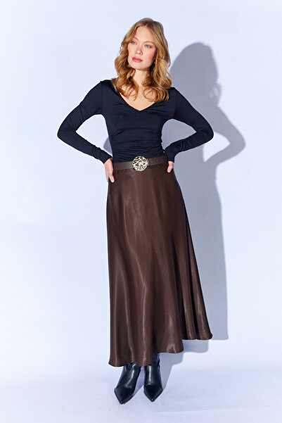 EDITION WOMAN Coffee Belt Detailed Satin Skirt |   Ek1002910743