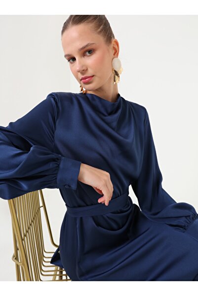 Refka Draped Collar Detailed Dress - Navy Blue -