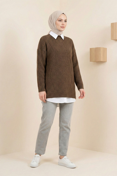 Kirazgym Women's Diamond Patterned Knitwear Tunic Knitted Sweater - Dark Brown