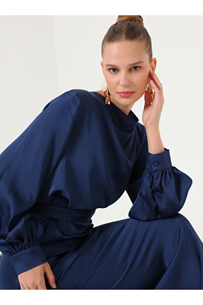 Refka Draped Collar Detailed Dress - Navy Blue -