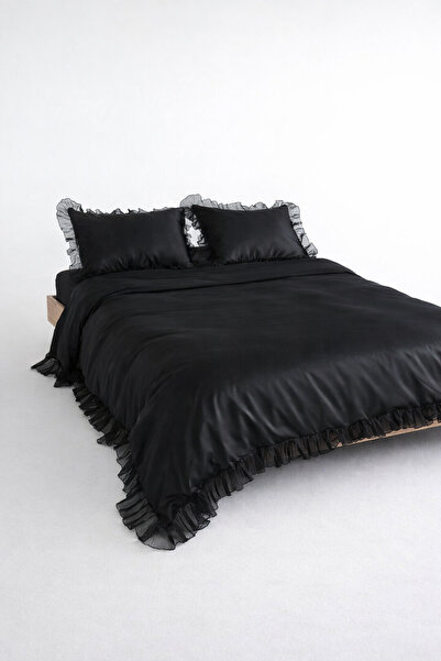 Midnight Ruffle %100 Mat Pamuk Saten Çift Kişilik Nevresim Takımı