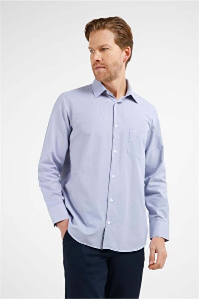 İmza Navy Blue - White Striped Pattern Hard Collar Long Sleeve Pocket Comfort...