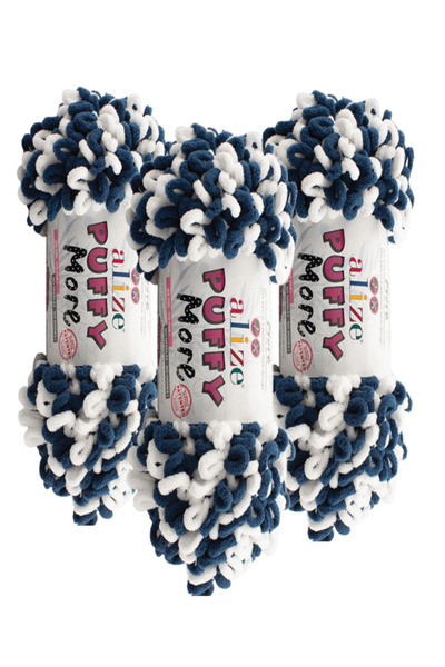 Alize Puffy More Hand Knitting Yarn 3 Pieces – 6557 Navy Blue/White – 150 Gr....