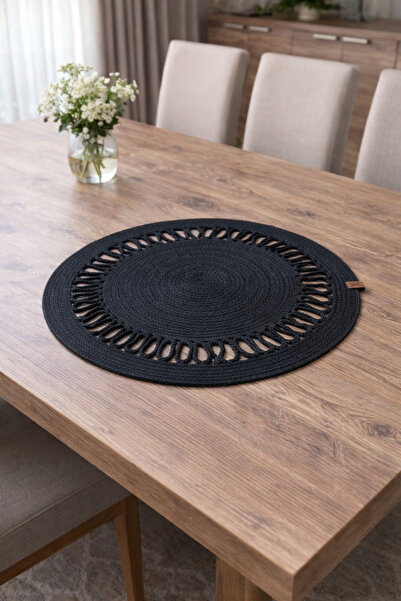 ALYA 50x50 cm Siyah Yuvarlak Ranır,Runner,Sehpa Örtüsü