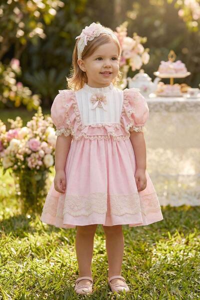Pamina Kız Bebek Vintage Dantelli Elbise ve Saç Bandı 6-24 Ay Pembe