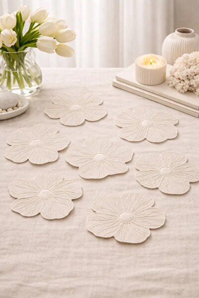 2Ddesign Set of 6 Daisy Patterned Embroidered Linen Brown Cocktail Napkins Co...