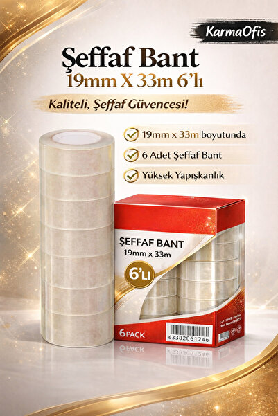 KarmaOfis Şeffaf Bant 19mm x 33m – 6’lı Paket | Güçlü Yapışkanlı, Yüksek Şeff...