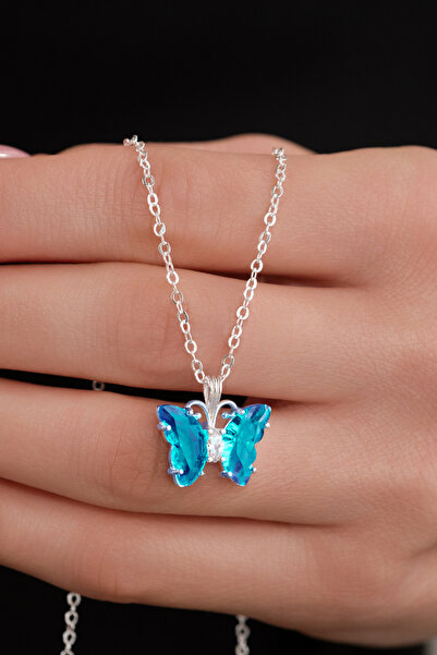 carrot silver 925 AYAR GÜMÜŞ SEVGİLİLER GÜNÜ HEDİYESİ Aqua Taşlı Kelebek Koly...