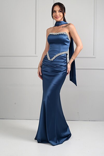 By Saygı Women's Strapless Transparent Strap Lined Shiny Stone Detailed Satin...