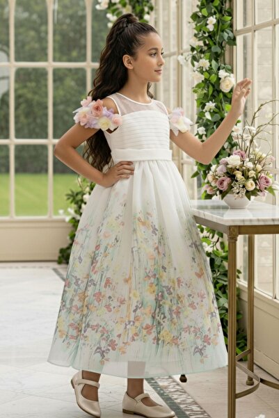 Pamina Rochie lungă cu flori pentru fetițe 3-7 ani Ecru