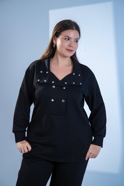 Roxxlen Plus Size Women's Snap Detailed 2-Piece Set Black