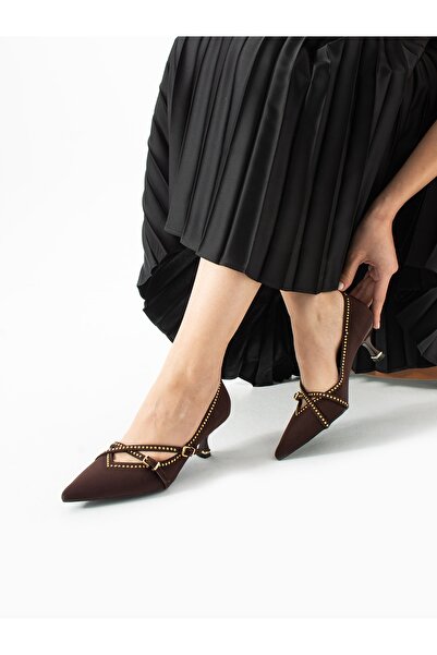 ALEMDAR AYAKKABI VİTTORİA Pantofi de damă cu toc și detaliu cu ținte maro