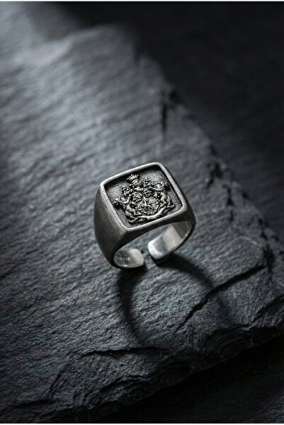 KARV Gümüş Renk Kare Kraliyet Armalı Şövalye Yüzük - Vintage Coat of Arms Erk...