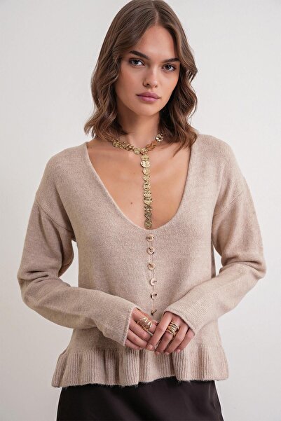 Hiccup Mixray thin knit top with V-neck and button detail