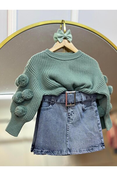 ArdenKids 3-8 Yaş Nil Yeşili Ponpon Kol Triko Kazak & Kemer Detay Jean Etek &...
