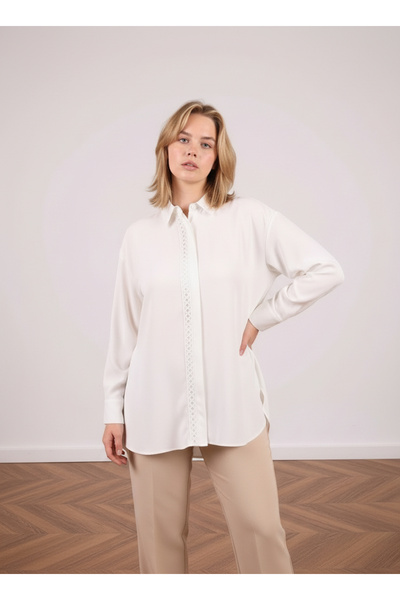 PERA MODA Plus Size No-Show Long Oversize Stylish Shirt with Embroidery on th...
