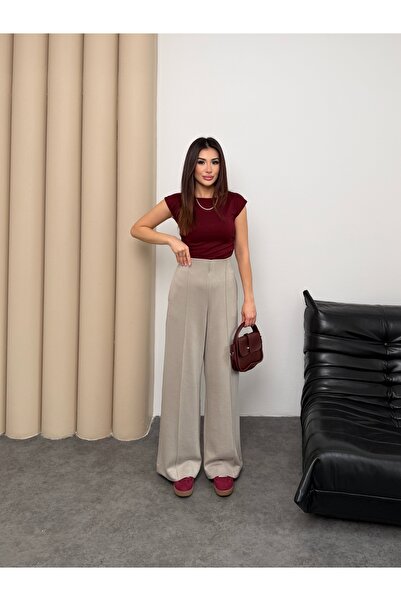 Hatun Atila High Waist Wide Leg Trousers with Internal Elastic and Grass Deta...