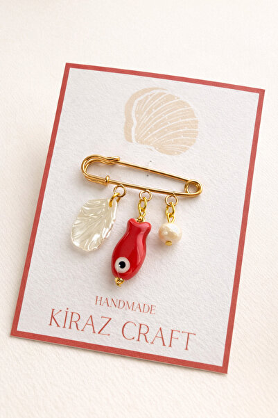 Kiraz Craft Balık Porselen Boncuk Detaylı İnci ve Yaprak Figürlü Çengelli Bro...