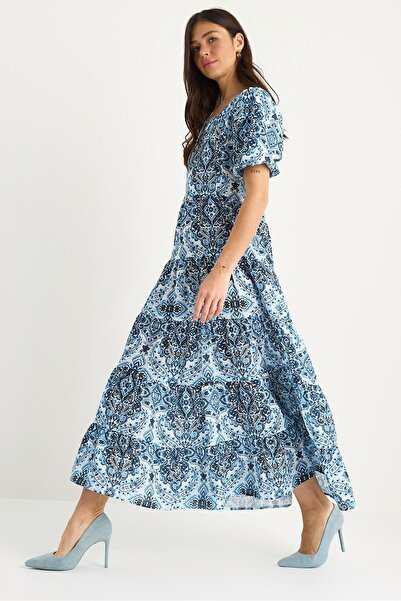 Hiccup Long textured linen dress with pattern, round neckline and balloon sle...