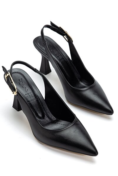 Hayalimdeki Ayakkabı Women's Black Leather Open-Back Pointed Thin Heeled Shoes