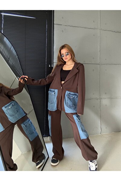 Mucha KADIN DOUBLE FACE KUMAŞ GERÇEK KOT DETAY UZUN İKİLİ TAKIM