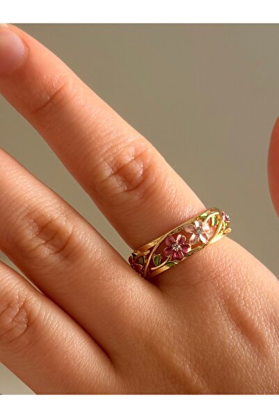 Pater Paulie Mineli Flora Ayarlanabilir Gold Pirinç Üstü Kaplama Yüzük