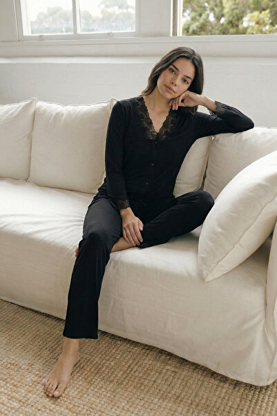 Espuar 746 Women's Lace Detailed Front Buttoned Long Sleeve Bottom Top Pajama...