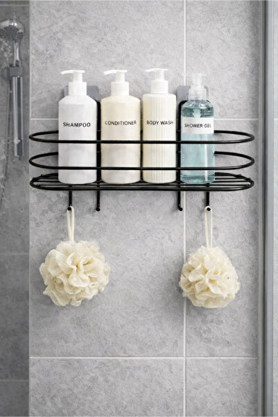 TUMU LIFE Yuvarlak Model Siyah Yapışkanlı Kancalı Banyo ve Mutfak Rafı Çok Am...