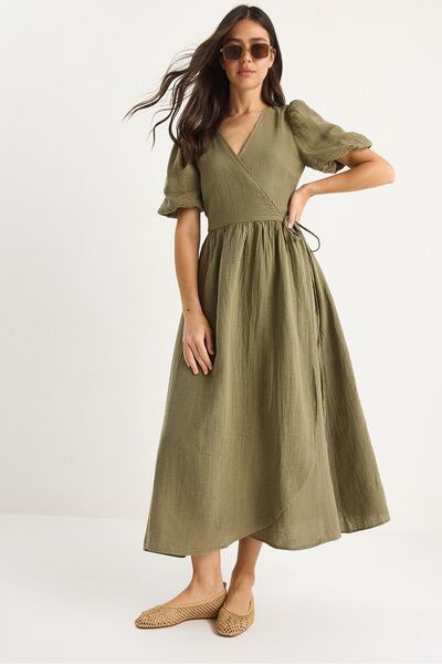 Hiccup Long muslin dress with wrap closure and balloon sleeves Bianco Lucci