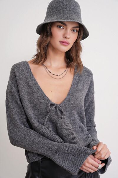Hiccup Pulover tricotat Mixray cu decolteu în V, volănașe și detaliu fundiță