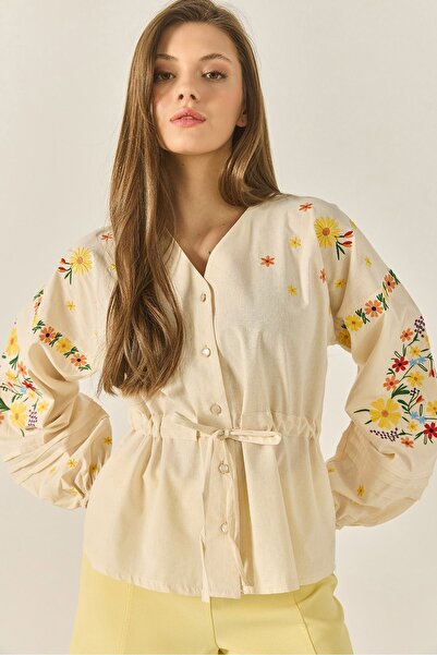 Hiccup Bianco Lucci embroidered V-neck linen shirt with belt and elastic cuffs