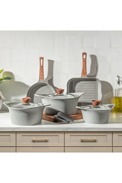 Alberto طقم أواني طهي من الجرانيت الرمادي الفاتح مكون من 8 قطع