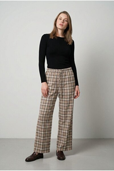 Madmext Бежеві штани з еластичним поясом, широкими штанинами та клітинчастим ...