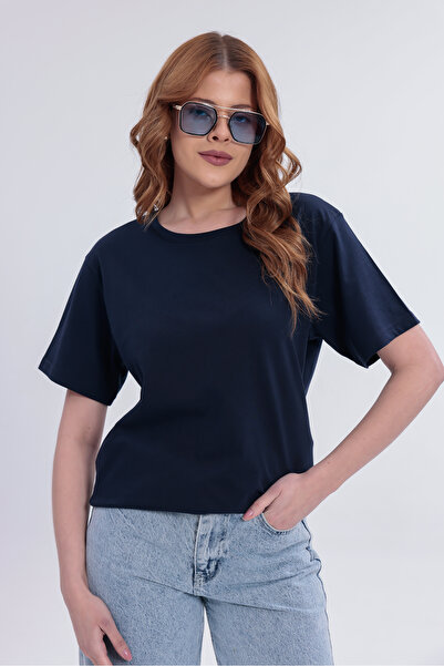 freemen Kadın Lacivert Basic Rahat Kalıp Likralı Tişört