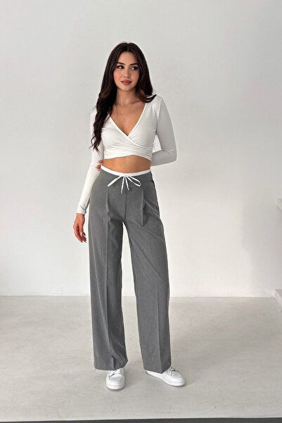 mielva Women's Anthracite Wide Leg High Waist Lace-Up Fabric Trousers