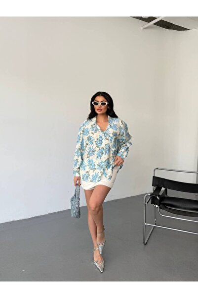 Lady Pixie Single Pocket Floral Pattern Oversized Shirt