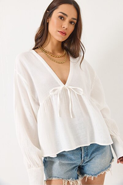 Hiccup Bluză de muselină Bianco Lucci cu decolteu în V și detalii de nod